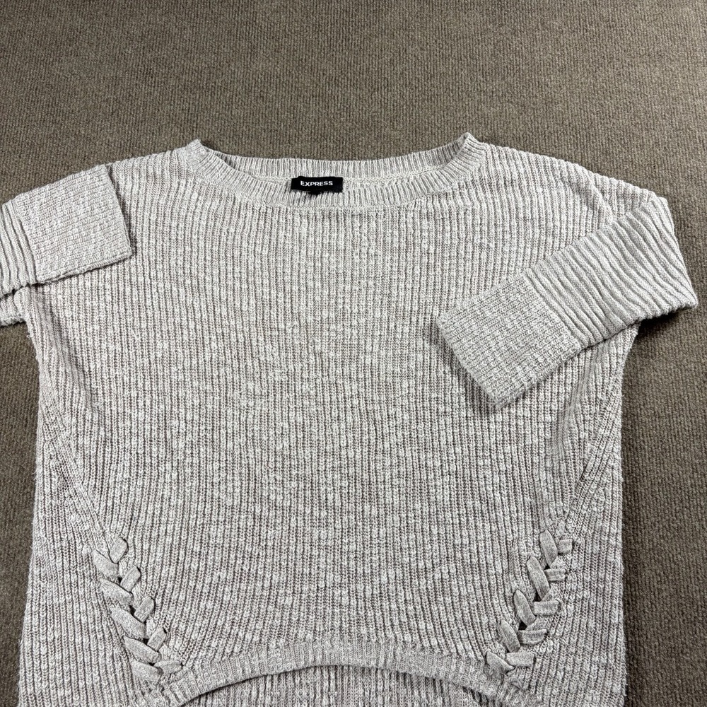 Express Womens Small Gray Cotton Knit Sweater Lace Up Side Long Sleeve Pullover